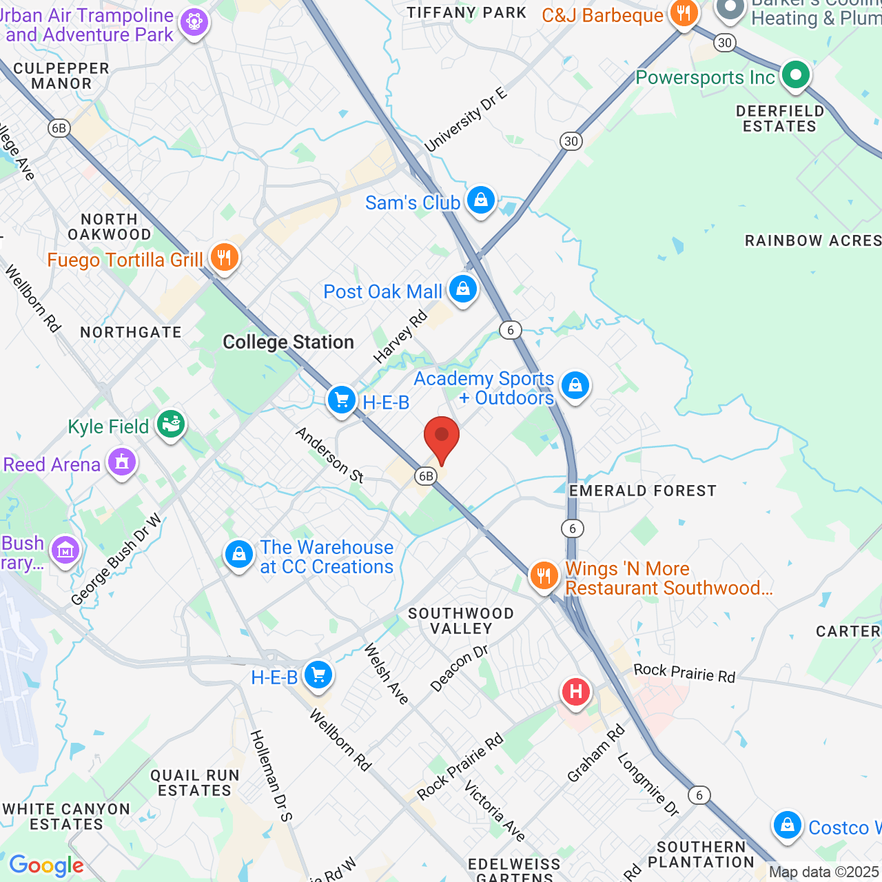 Google map image of our location in 232 Southwest Pkwy E College Station, TX